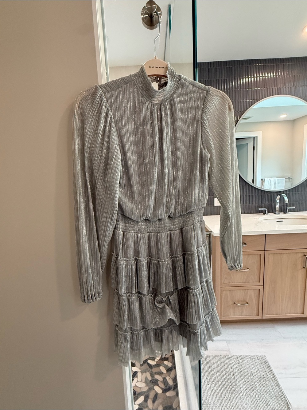 Express Silver Metallic Mini Dress with Tiered Ruffle Skirt